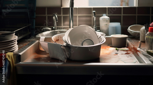 Metal sink full of dirty dishes, crockery, tableware. Generative AI