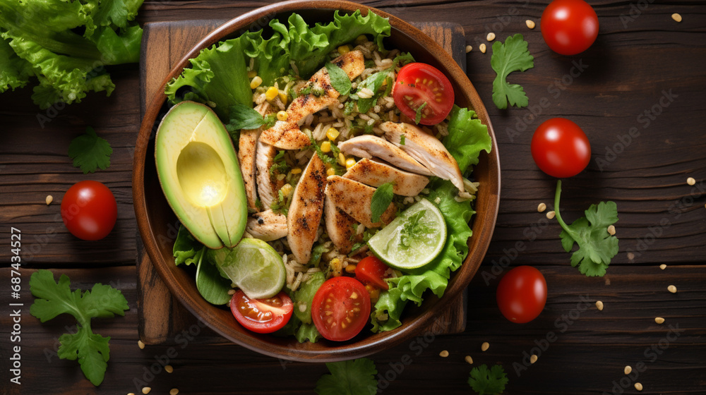 Healthy salad bowl with quinoa, tomatoes, chicken, avocado, on wooden background. Generative AI
