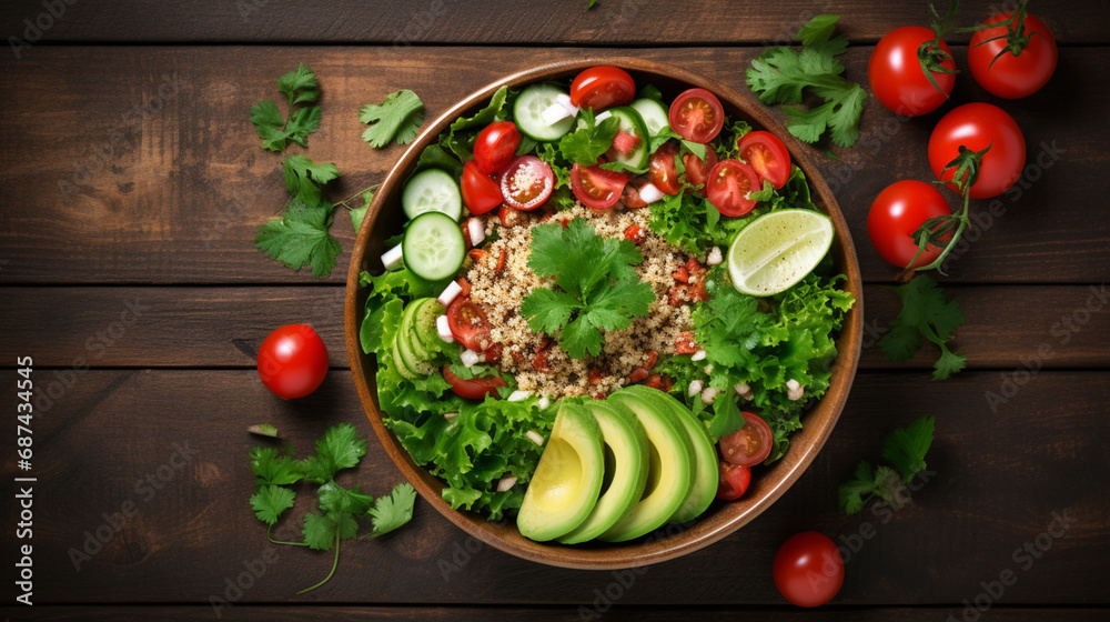 Healthy salad bowl with quinoa, tomatoes, chicken, avocado, on wooden background. Generative AI Healthy salad bowl with quinoa, tomatoes, chicken, avocado, on wooden background. Generative AI