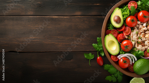Healthy salad bowl with quinoa  tomatoes  chicken  avocado  on wooden background. Generative AI