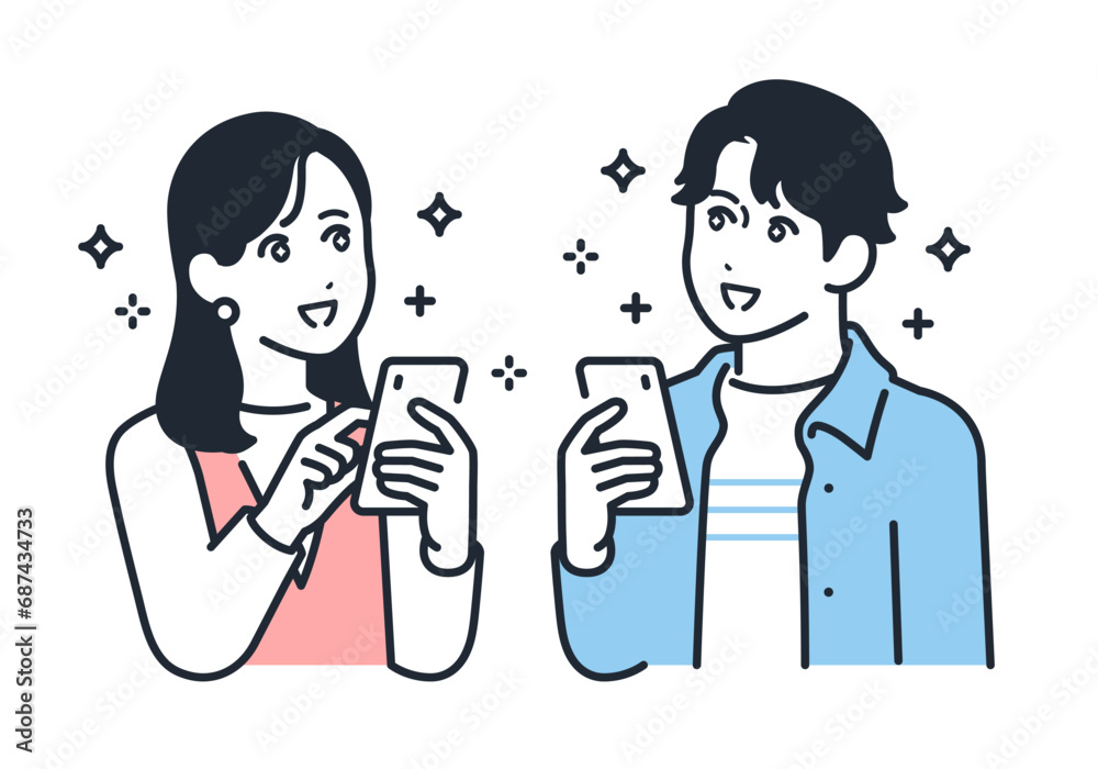 スマートフォンを持って目を輝かせる若い男女のシンプルなベクターイラスト素材 スマートフォンを持って目を輝かせる若い男女のシンプルなベクターイラスト素材