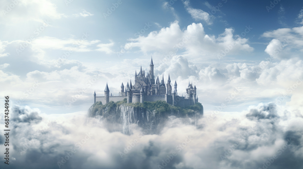 levitate awesome castel, surounded by cloud and bird on the sky high background. Generative AI