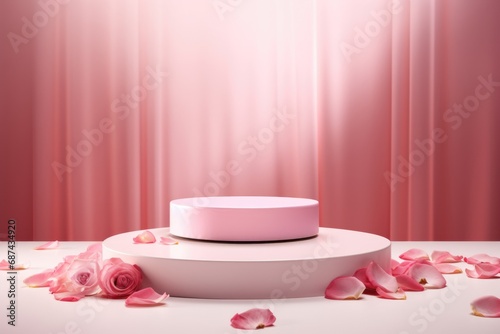 A podium, pedestal, a stage for advertising cosmetic products. Spring pink catwalk, sakura flowers, petals.