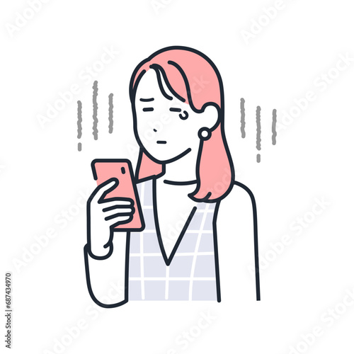 スマートフォンを見て泣くおしゃれな若い女性のシンプルなベクターイラスト素材