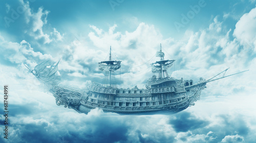 ghost ship at fog on the sky high background. Generative AI photo