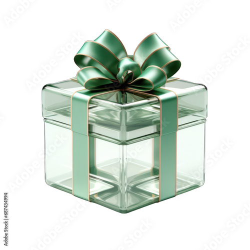 Glass Gift Box with Green Bow Isolated on Transparent or White Background, PNG