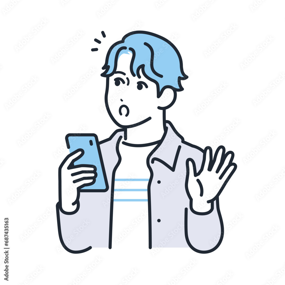 スマートフォンを持って驚くカジュアルな服装の若い男性のシンプルなベクターイラスト素材 スマートフォンを持って驚くカジュアルな服装の若い男性のシンプルなベクターイラスト素材
