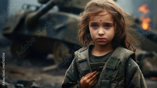 Destroyed ruined building background. Terrible tragic war concept. Global crisis. Poor little girl suffer. Political conflict. Dirty scared children. Sad scary scene. Hot spot aggression. Pray for kid photo