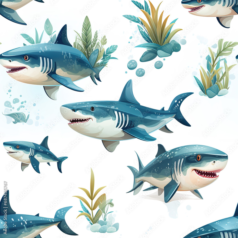 Fototapeta premium Sharks isolated on white repeat pattern