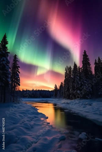 Aurora Borealis Dances Over Snowy Forest Stream © Pure Imagination