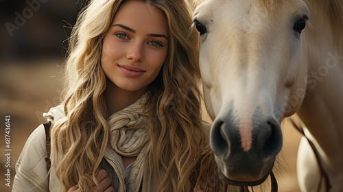 beauty blondie with horse in the field photo