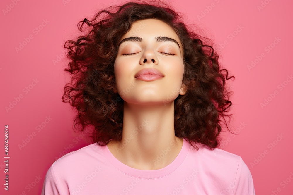 Portrait of happy girl posing and smiling with her eyes closed and open her mouth Portrait of happy girl posing and smiling with her eyes closed and open her mouth