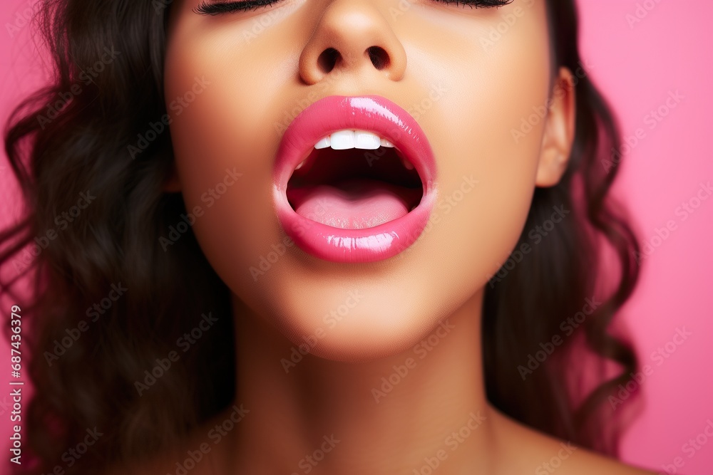 Portrait of happy girl posing and smiling with her eyes closed and open her mouth Portrait of happy girl posing and smiling with her eyes closed and open her mouth