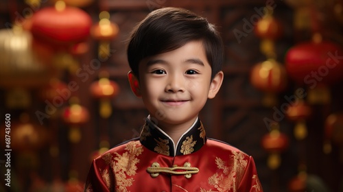 Chinese New Year Concept, Cute Asian boy in red traditional Chinese suit.