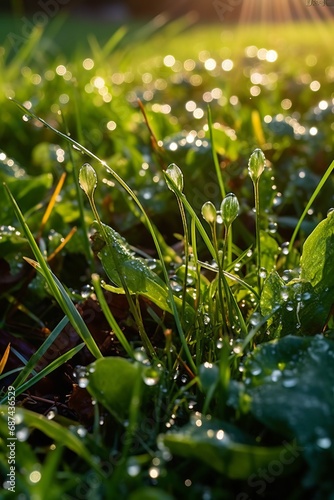 Dew Drops Glisten on Morning Grass Blades