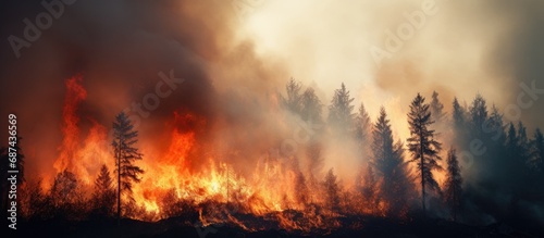 Daytime close-up of a forest fire.