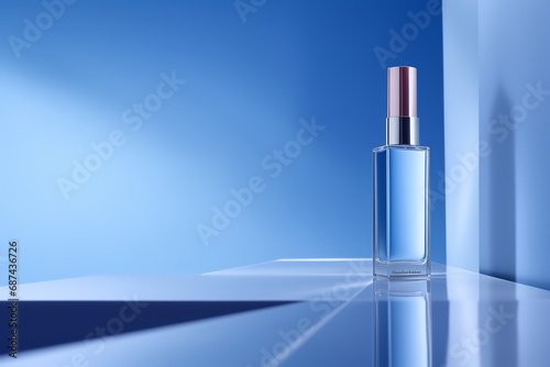 A cosmetic, minimalist blue background, light and shadow, prdouct photography