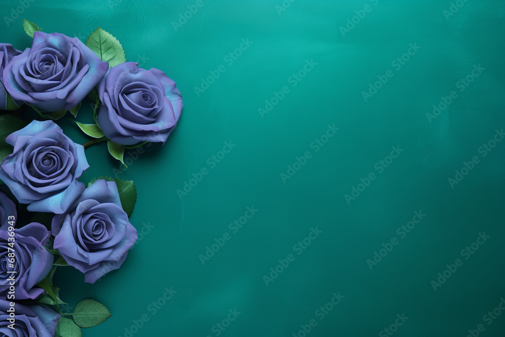 Blue roses on a green background with copy space, in the style of ...