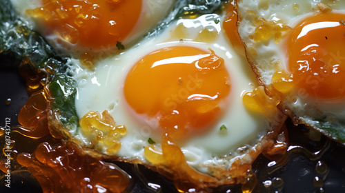 Extreme close up of fried eggs, food photography