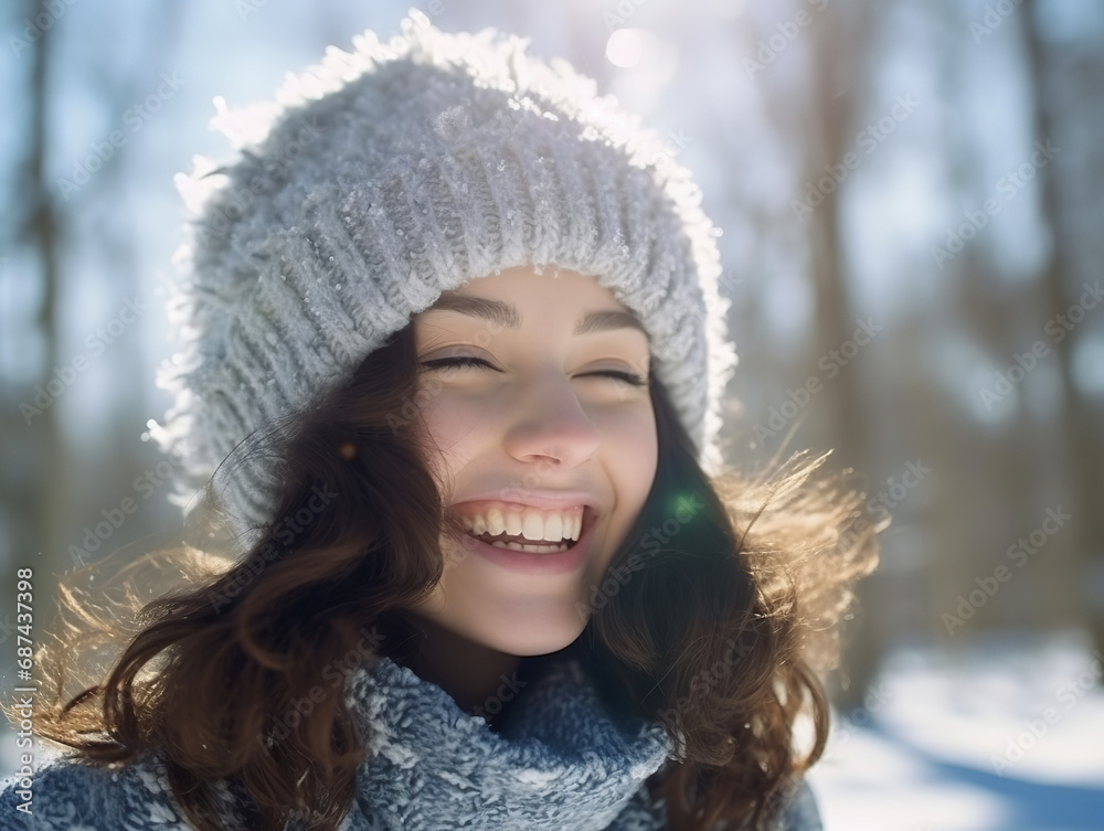 Portrait of a joyful young woman with long brunette hair having fun on a street full of snow. Knitted hat, white wool sweater, amazing smile, closed eyes