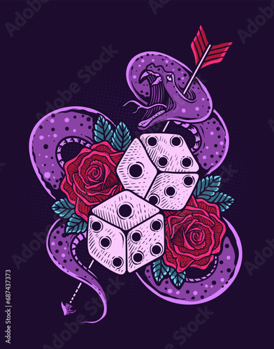 Illustration vintage dice rose flower with snake