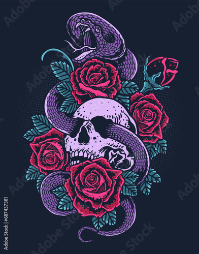 Illustration vintage skull rose flower with snake