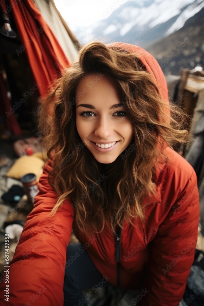 Fototapeta premium Happy hiker woman with hat making selfie photo portrait background tent mountain. AI Generated