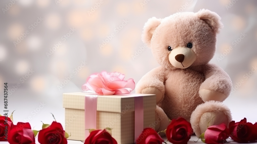 Teddy bear with gift box and rose on bokeh background Teddy bear with gift box and rose on bokeh background