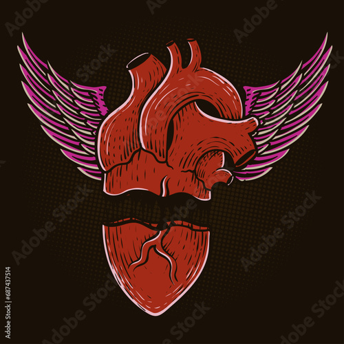 Illustration vintage broken heart on black background
