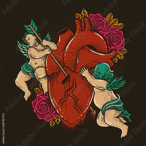 Illustration vintage broken heart with angel