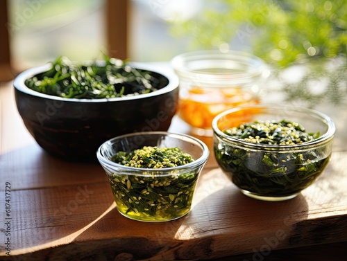 Japanese raw vegan organic delicious and tasty marinated chuka wakame salad and seaweed nori salad dishes in glass bowls on a wooden table photo