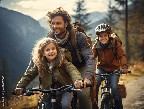 3 three person Family biking with helmet on forest trail. park on background. back, Rear view of family with small children cycling outdoors in autumn nature. son, daughters. no mather. Generative ai