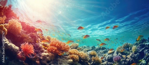 Fish school seen underwater near coral reef. photo