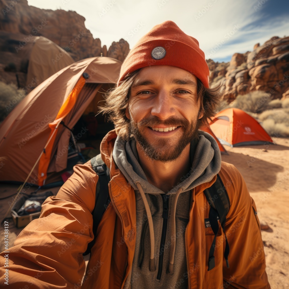 Happy hiker man with hat making selfie photo portrait background tent mountain. AI Generated