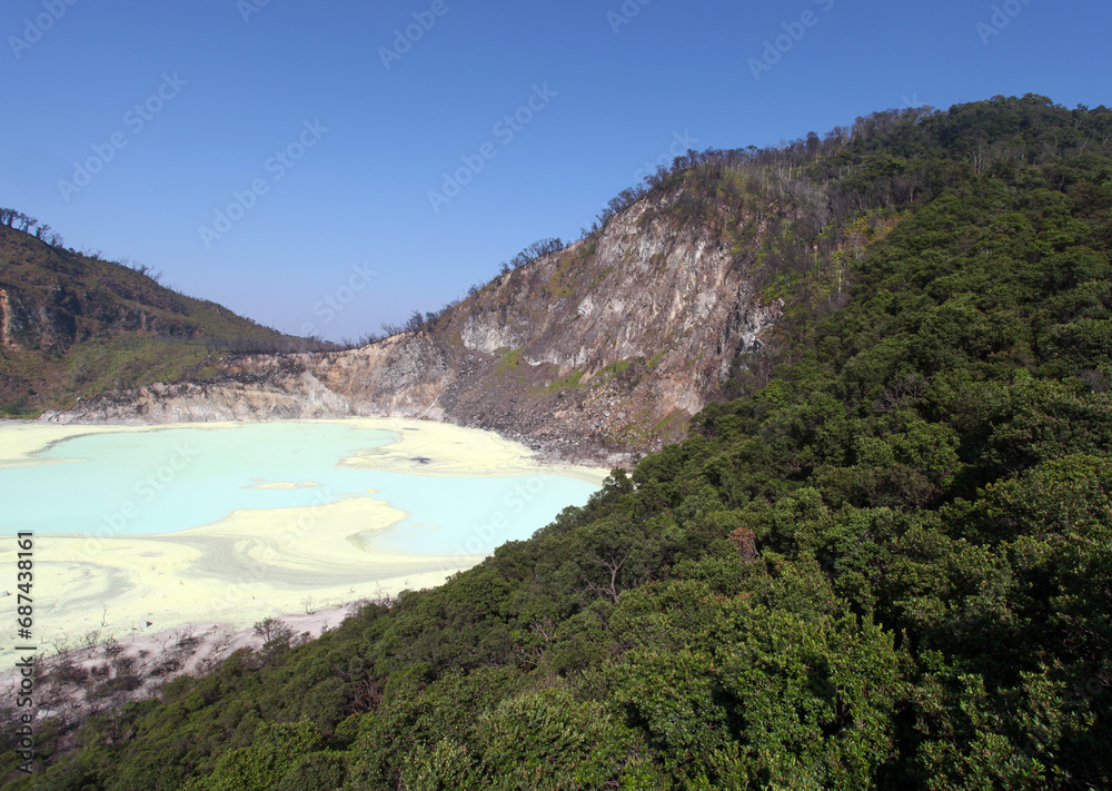 White Crater or Kawah Putih, a volcanic sulfur crater lake in a caldera in Ciwidey, West Java, Indonesia.