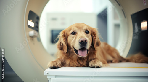 Veterinary and animal care. Doctor preparing dog to have lumbar spine MRI. photo