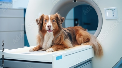 Veterinary and animal care. Doctor preparing dog to have lumbar spine MRI.