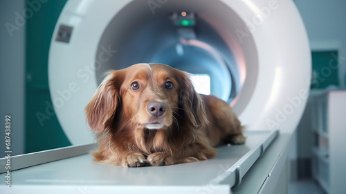 Veterinary and animal care. Doctor preparing dog to have lumbar spine MRI. © PaulShlykov