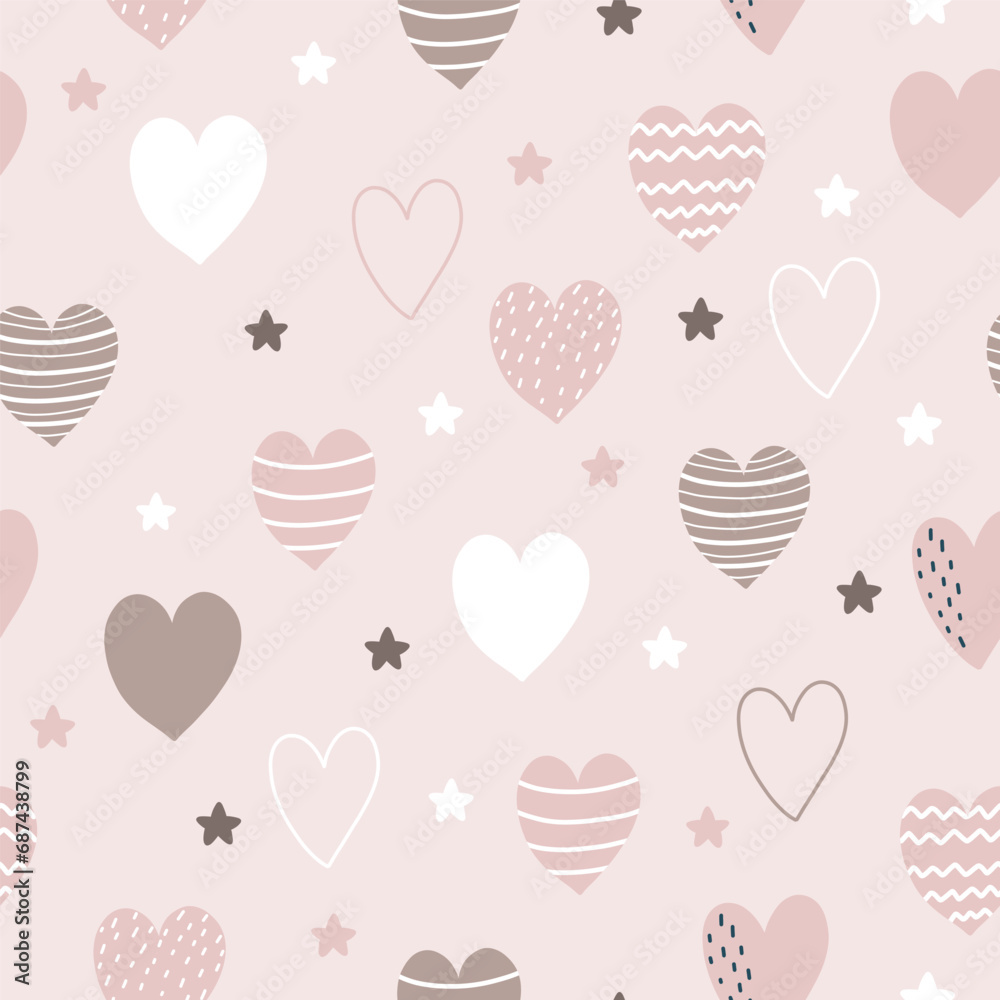 Seamless pattern with cute hearts on pink background for your fabric, gift wrap paper. Vector romantic background