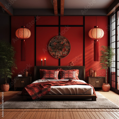 Eastern Serenity  Asian-Inspired Bedroom with Red Hues