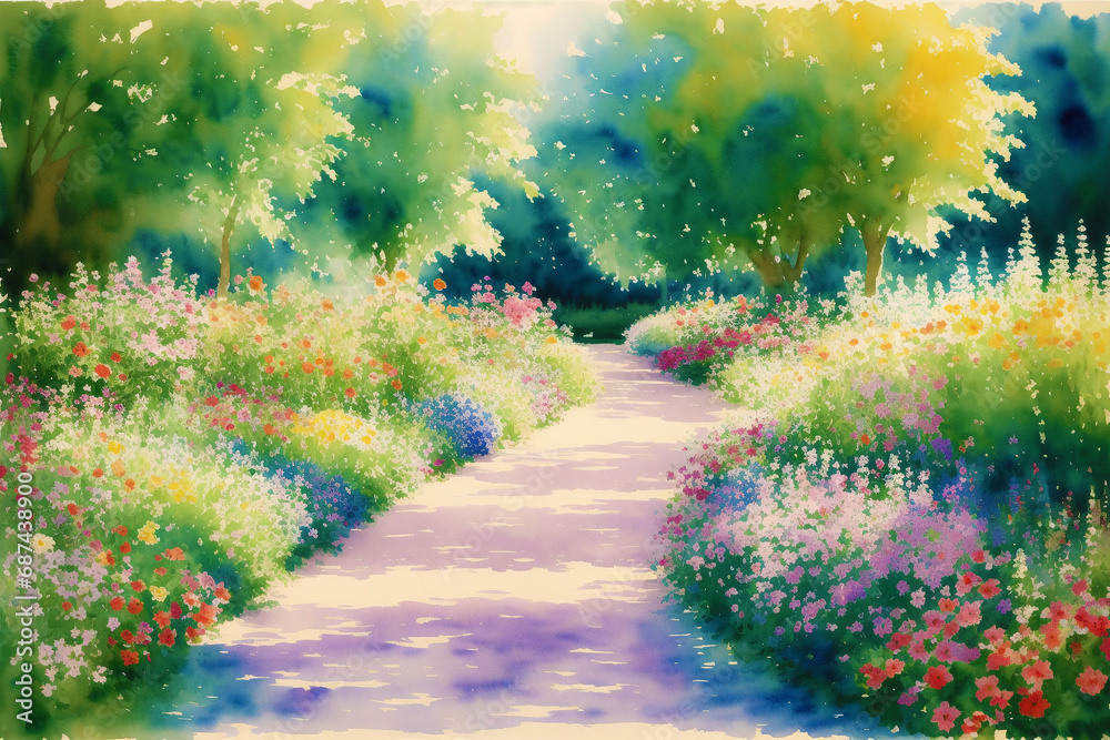 Tranquil Summer Scenery. A Watercolor Painting of Park, Lake, field and River. Generative AI