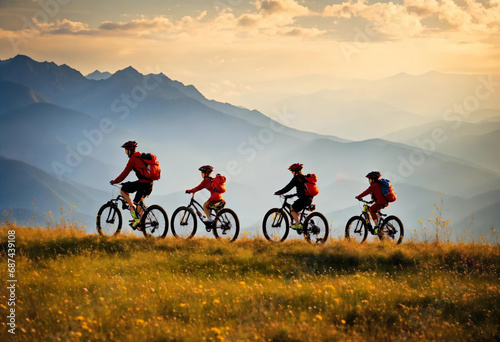 4 four person of Family biking on mountain with helmets on summer field trail. sporty background. side view of family with 2 two small children cycling outdoors in summertime nature. Generative ai photo