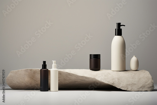 Cosmetic skin care set arranged on a natural stone with a tall cream dispenser , spray bottle, a squat jar etc . The minimalist collection for aesthetic advertising photo