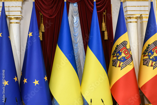The national flags of Ukraine, Moldova and the flags of the European Union during a diplomatic event in Kyiv, Ukraine
