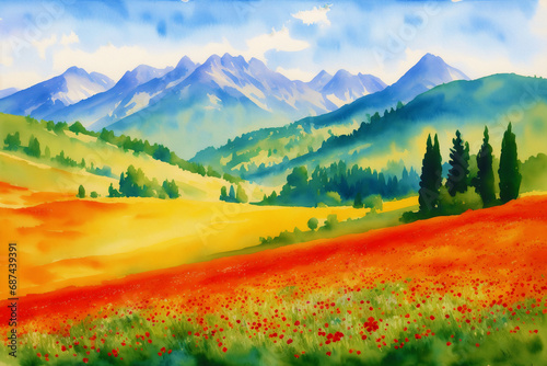 A beautiful scenery. Serene Summer Mountains. A Breathtaking Watercolor Scenery. Generative AI