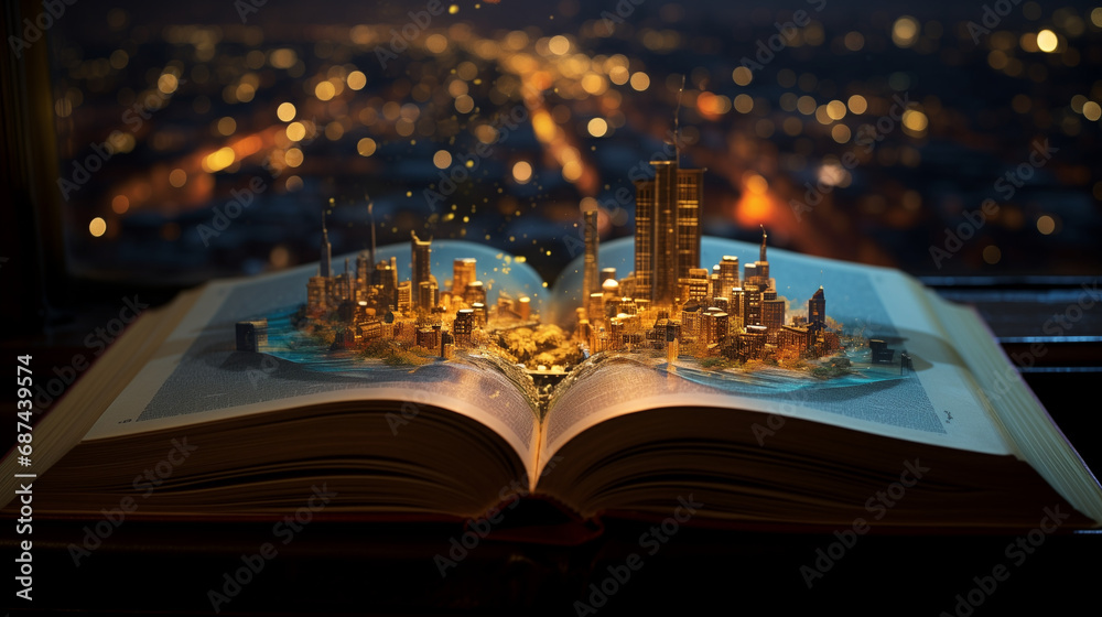 Obraz premium a thick open book by the window, from the book rises the center of the city with skyscrapers of golden color, outside the window you can see the lights of the night city.