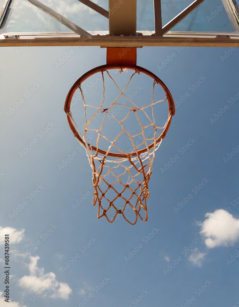 A view of basketball hoop seen from below with sky as a background; very clear and no people