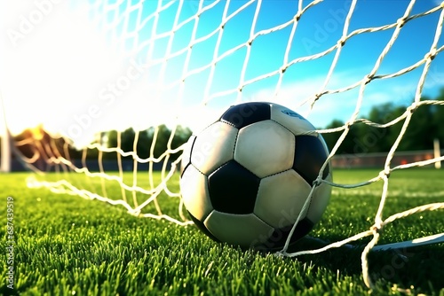 Soccer Ball Nestled in Net on Field © Pure Imagination