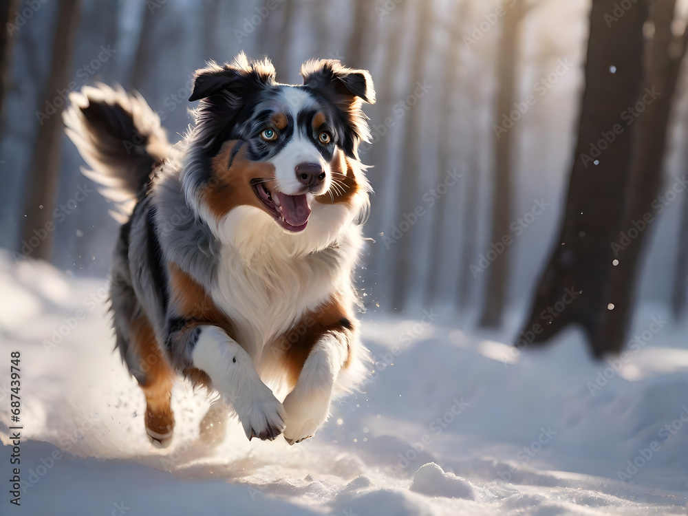 Active dog Australian Shepherd running and playing in the snow on the nature. Generative AI