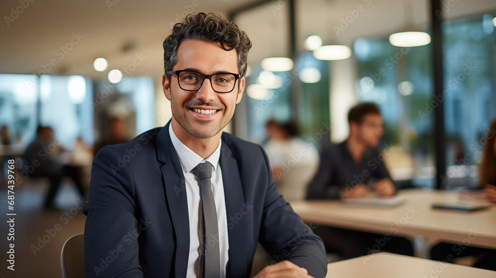 A handsome professional man in glasses with a gorgeous smile standing in the office environment A handsome professional man in glasses with a gorgeous smile standing in the office environment
